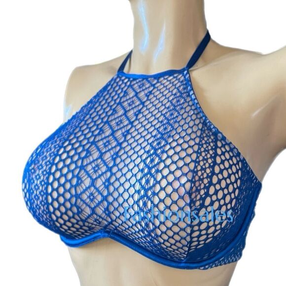 Victoria's Secret Sexy Unlined Fishnet High Neck Halter Underwire Bra 38C blue - Picture 3 of 7